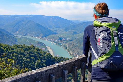 Hiker at the view point Seekopf with view onto Danube