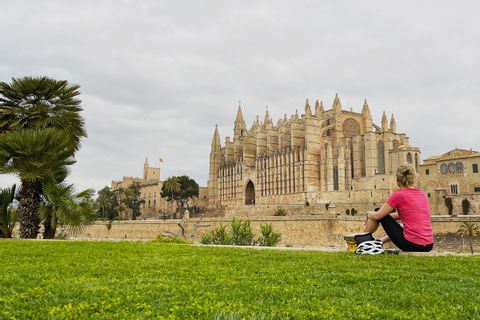 Cycle stop in Palma with a view of the cathedral