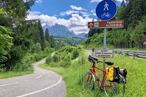 Signposts on the cycle path to Tarvisio