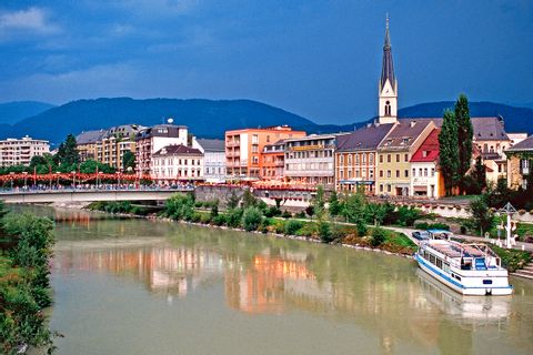 View over Villach and the river Drau